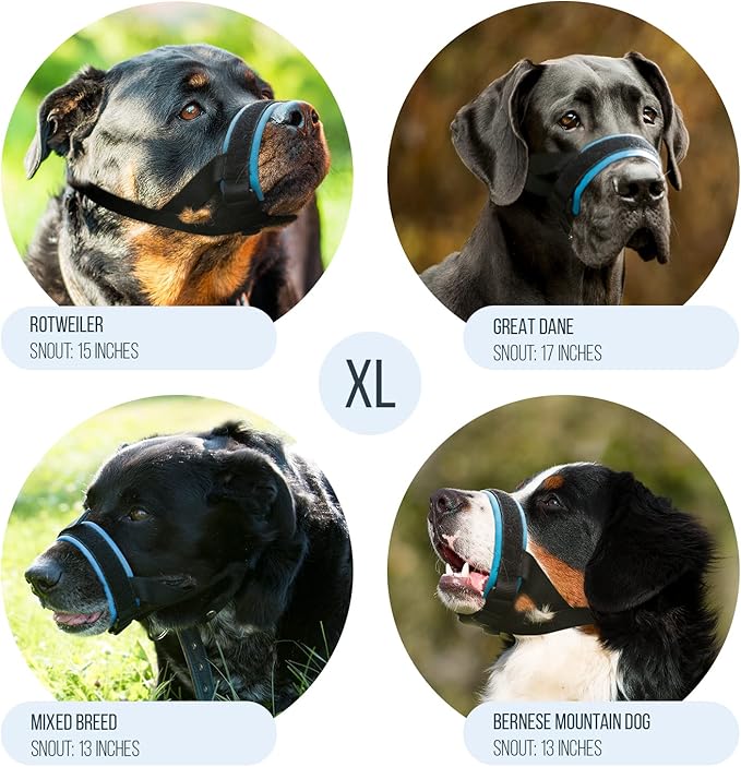 Gentle Muzzle Guard for Dogs - Prevents Biting and Unwanted Chewing Safely – New Secure Comfort Fit - Soft Neoprene Padding – No More Chafing – Training Guide Helps Build Bonds with Pet (XL, Blue)