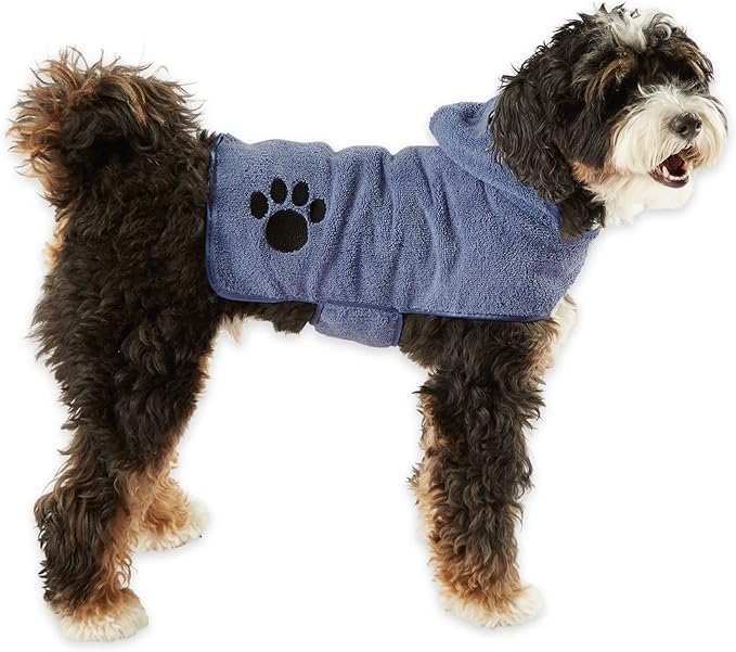 Bone Dry Pet Robe Collection, Embroidered Absorbent Microfiber Bath Robe with Adjustable Closure, for Dogs & Cats, Small, Stonewash Blue