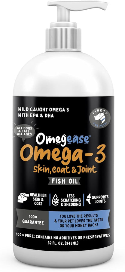 100% Pure Omega 3 Fish Oil for Dogs & Cats. Better Than Salmon Oil for Skin & Coat, Joint Function, Immune, Brain & Heart Health. Natural EPA + DHA Fatty Acids. Pet Food Supplement (Fish Oil, 32oz)