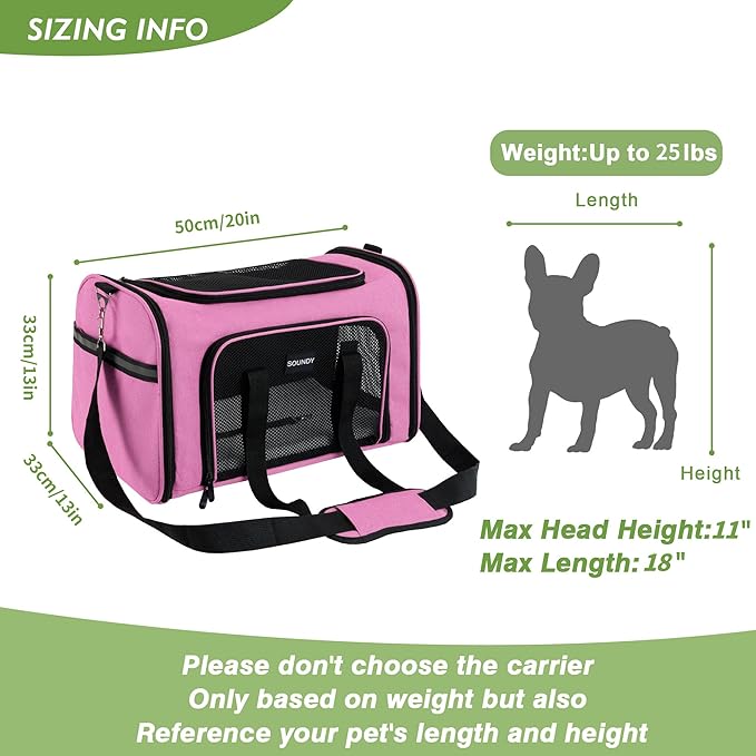 Soundy Large Cat Carrier Dog Carrier Pet Carrier Under 25 Lbs, Large Cats Small to Medium Dogs Portable Soft Sided Folding Travel Pet Carrier, Cat Carrier for 2 Cats Car Travel Carrier(Large, Pink)