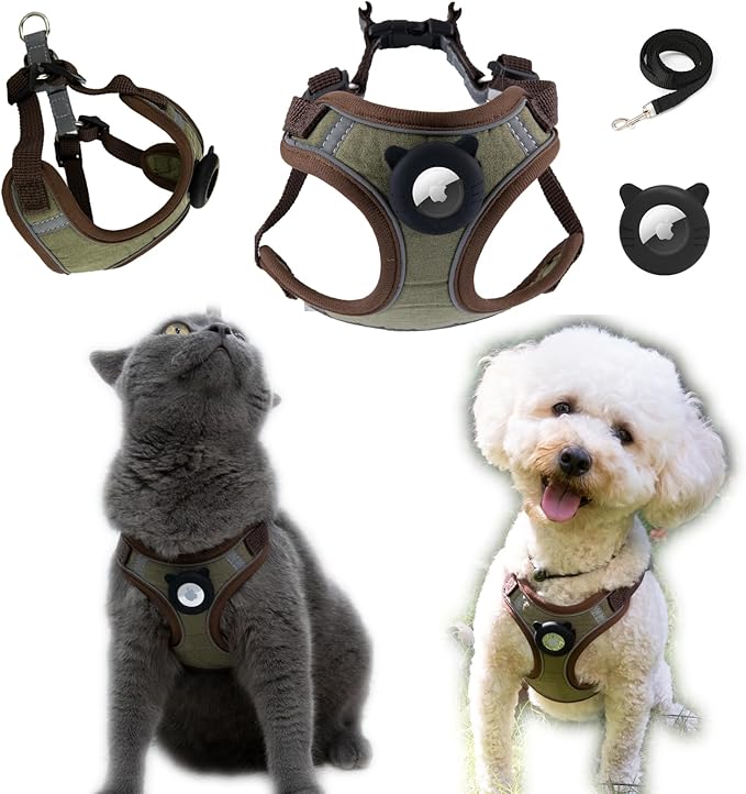 Cat Harness and Leash for Walking, Airtag Cat Harness and Leash Set with Airtag Holder for Small Large Cats, Puppies, Soft Nylon Adjustable-Escape Proof Reflective Cat Harness(Coffee Color, Medium)