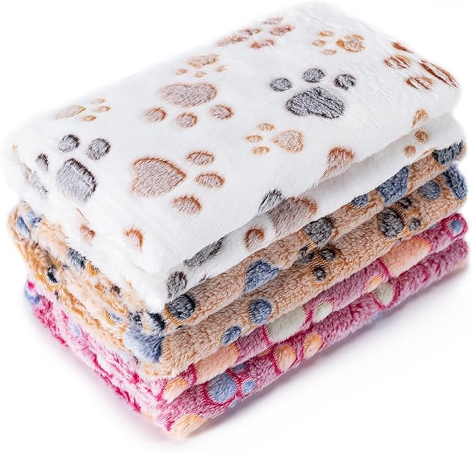 1 Pack 3 Blankets Super Soft Fluffy Premium Fleece Pet Blanket Flannel Paw Printed Throw for Dog Puppy Cat (Small 23x16'', Brown, Pink, White)