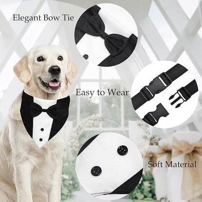 Dog Tuxedo Dog Suit Dog Wedding Bandana Collar with Bow Tie, Adjustable Dog Tux Formal Dog Costumes, Engagement Birthday Tuxedo for Small Medium Large Dogs Pets (Large: Neck 15”-25”)