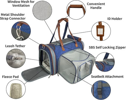 Mr. Peanut's Expandable Airline Approved Soft Sided Pet Carrier, Low Profile Gold Series Tote, Premium Brand Self Locking Zippers, Plush Faux Fleece Bedding with a Sturdy Plywood Base (Deja Blue)