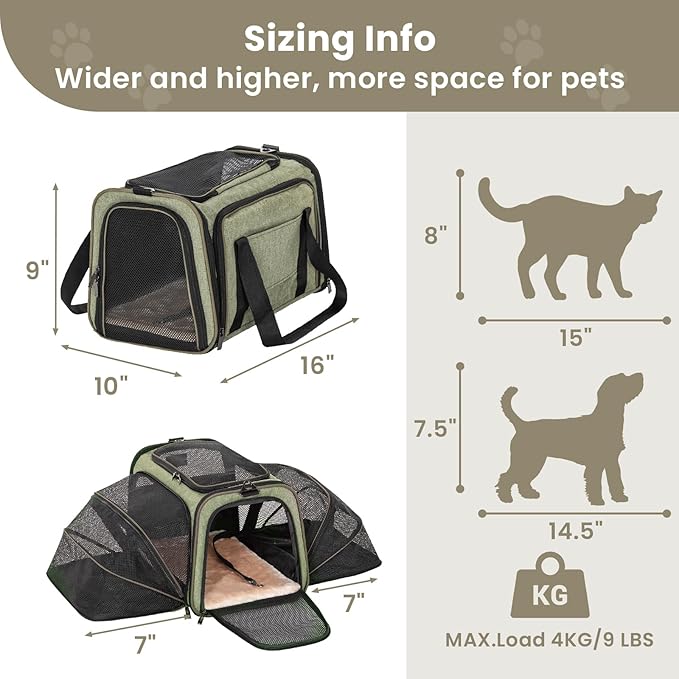 Petsfit Expandable Rabbit Carrier Bunny Carriers, 16 Inch Airline Approved Pet Carrier with 2 Extensions, Soft Washable Cushion, Self-Locking Zipper Head, Built-in Safety Rope, Fit for Travel