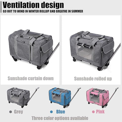 Cat Dog Carrier with Detachable Wheels Airline Approved,Telescopic Handle and Shoulder Strap Pet Travel Rolling Carrier