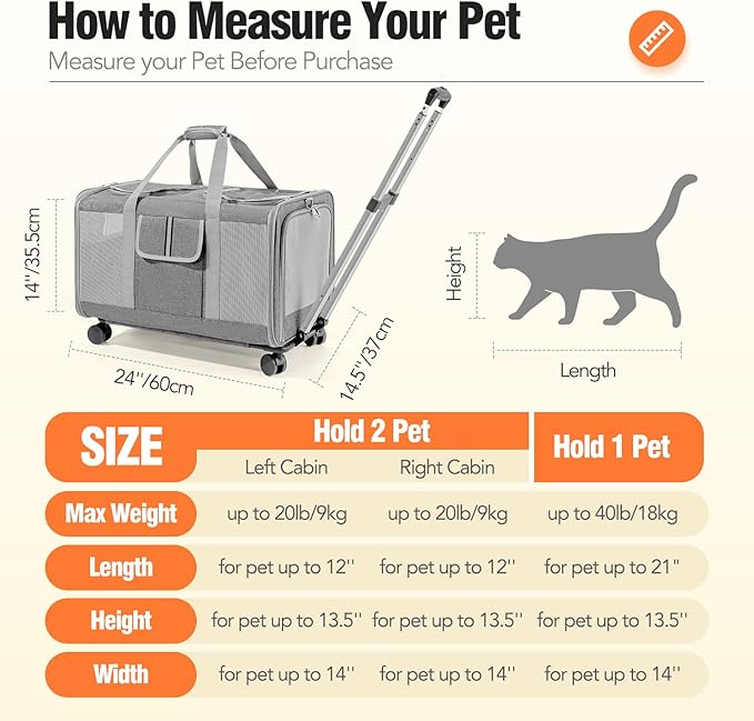 Sedioso Double Cat Carrier with Wheels, 24" L x 14.5" W x 14" H Extra Large Cat Carrier for 2 Big Cats, Soft Rolling Pet Carrier for Dogs Up to 40 Lbs, Double-Compartment Foldable Pet Carrier (Grey)