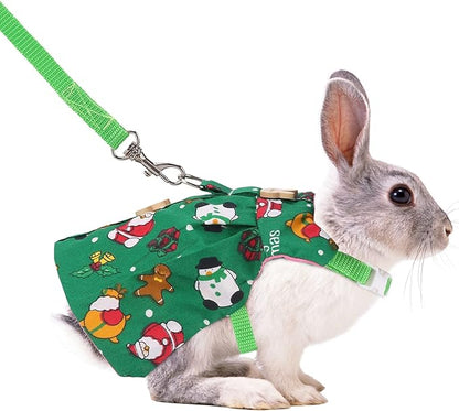 Adjustable Christmas Rabbit Harness and Leash Set, Small Animal Christmas Costume Bunny Clothes Santa Snowman Pattern Outfit for Ferret Guinea Pig Rabbit Bunny Hamster(Green/M)