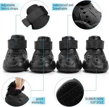 Dog Shoes, Dog Sandals for Hot Pavement Outdoor Dog Boots Non-Slip Waterproof Dog Booties for Summer 4Pcs Dog crocs with Rugged Sole Black