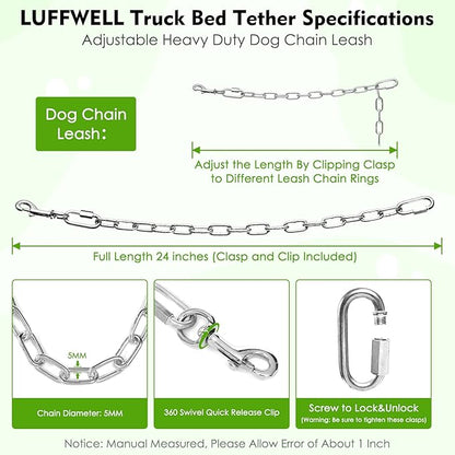 Chain Dog Truck Bed Cross Tether, Chew Proof Truck Bed Dog Leash System, Heavy Duty Dog Vehicle Bed Restraints Tie Down Tether, Metal Pet Bed Harness Barrier Lead for Pickup, SUV, Cars & Trucks