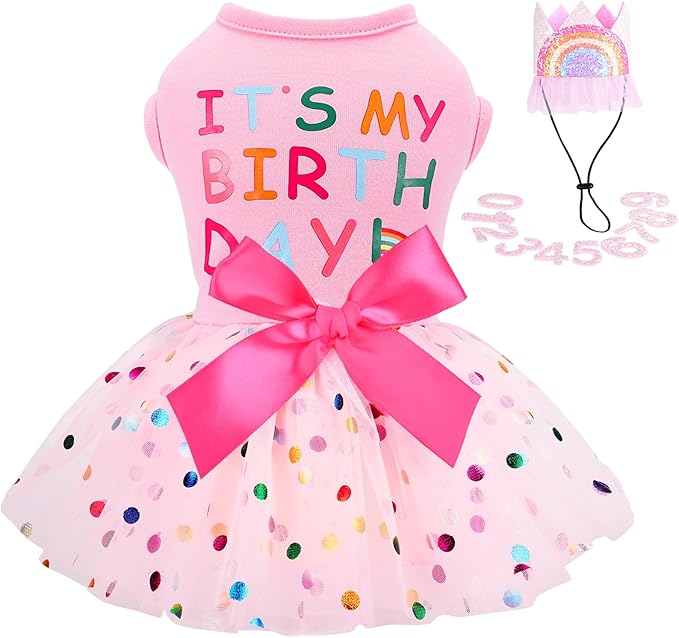 Dog Birthday Dress Birthday Hats Set Dog Clothes for Small Dogs Girl Puppy Birthday Princess Dresses Pet Cat Birthday Outfit (Birthday Dress Set