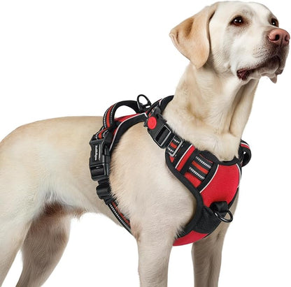 rabbitgoo Dog Harness for Large, No Pull Pet Harness with 3 Buckles, Adjustable Soft Padded Dog Vest with Instant Control Handle, Easy Walking Reflective Pet Vest for Large Dogs, Red, L