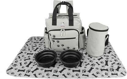 Dog Travel Bag - Dog Backpack Organizer - Pet Travel Kit Airline Compliant - Includes Large Pad, Food Canister and Bowls (Gray, Paw Prints)