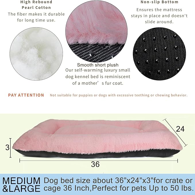 36 Inch Dog Crate Pad Pink Washable,Ultra Soft Cute Dog Crate Bed 36 x 24 with Anti-Slip Bottom,Deluxe Faux Fur Pet Kennel Beds Dog Sleeping Mat for Large Medium Dogs Breeds Up to 55 Lbs