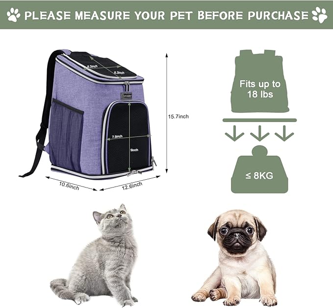 BAGLHER Cat Backpack Carrier, Mesh Pet Cat Carrier for Medium Small Dog Cat Puppy Kitten Bunny up to 18lbs, Dog Travel Backpack for Picnic Hiking Walking Cycling, Purple