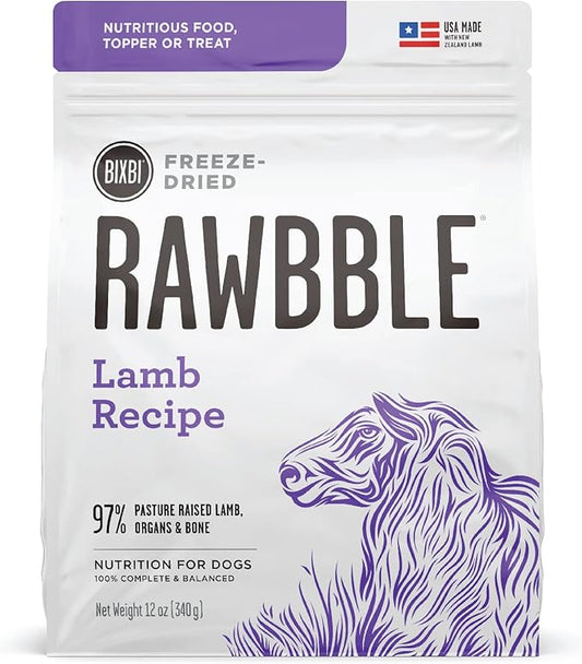 BIXBI Rawbble Freeze Dried Dog Food, Lamb Recipe, 12 oz - 97% Meat and Organs, No Fillers - Pantry-Friendly Raw Dog Food for Meal, Treat or Food Topper - USA Made in Small Batches