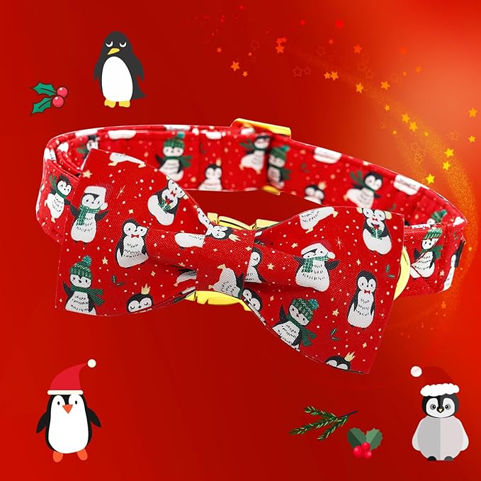 Lionheart glory Christmas Dog Collar, Red Dog Bow Collar Penguin Adjustable Soft and Comfortable Bowtie Collars for Medium Dogs Girl or Boy Pet Gift Fall Collar Dog Bow