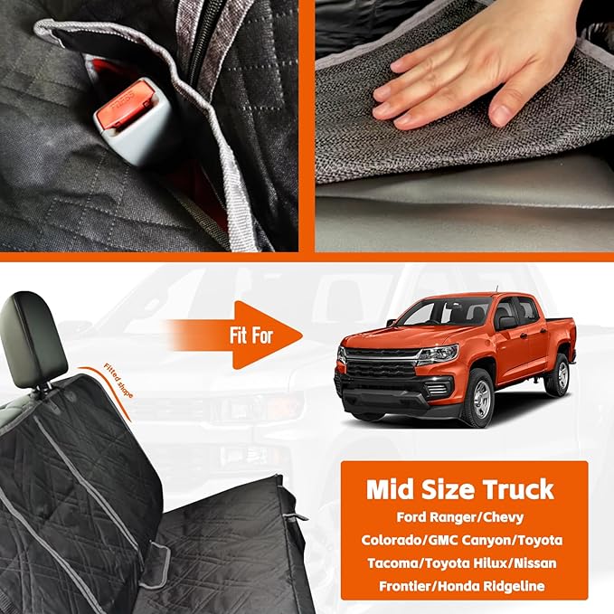 Dog Car Seat Cover for Mid-Size Truck, Compatible with Toyota Tacoma/Hilux, Ford Ranger, Chevy colorado/GMC Canyon, Nissan Frontier, Honda Ridgeline, Jeep Gladiator, 600D Waterproof Pet Seat