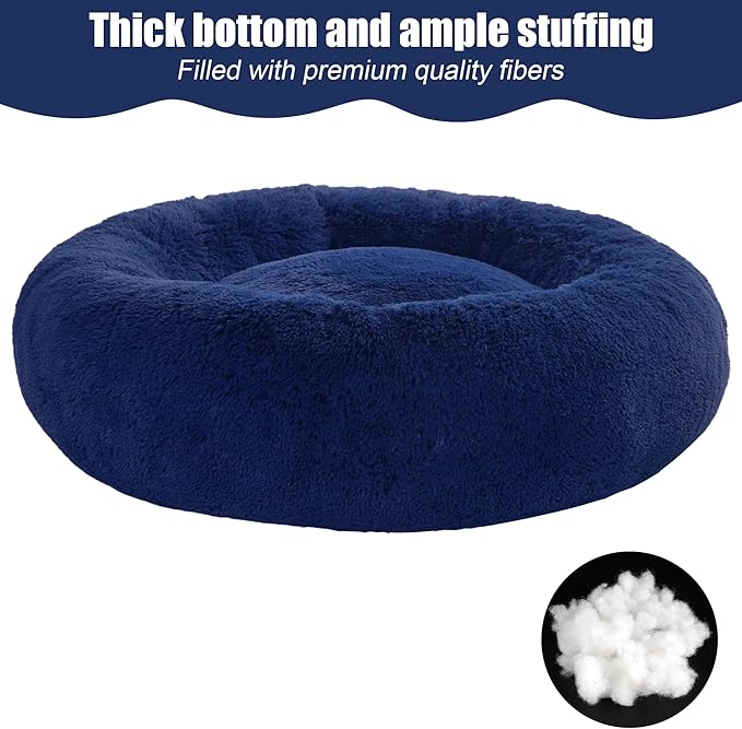 23" Calming Dog Bed,Anti Anxiety Donut Dog Bed,Plush Round Pet Beds for Small Dogs,Fluffy Faux Fur Cat Bed,Washable Cuddler Dog Bed(Dark Blue,Small)