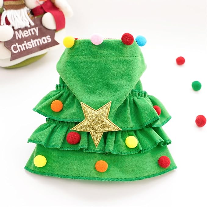 Cat Christmas Outfit Green Pet Cloak with Hat with Star and Pompoms Puppy Cape Clothes Xmas Tree Elf Costumes Party Pet Supplies Accessories for Small Dogs Cats Pet Santa Presents