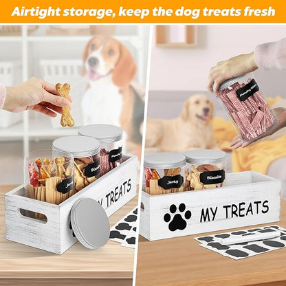 Dog Treat Container for Countertop - Dog Food Storage with 3 Jars - Pet Food Organizer For Puppy - Airtight White Wooden Dog Treat Storage With Lids - Great Gift for Pet Dog Owners