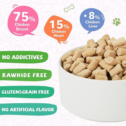 Freeze Dried Dog Treats,Chicken Breast&Organs Recipe Raw Dog Food Topper, High Protein Freeze-Dried Food for Cats, Rawhide Free, Gluten&Grain Free, 5.3oz