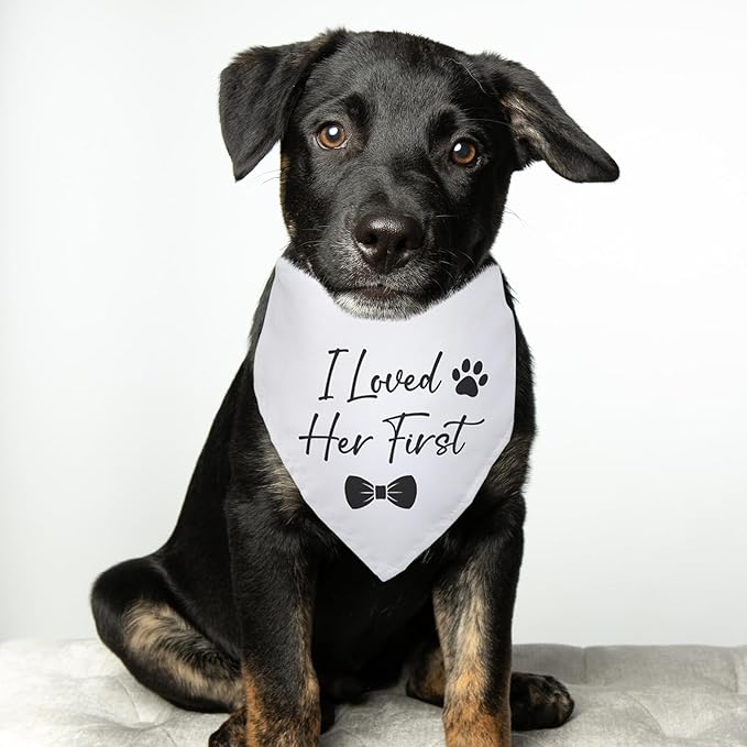 I Loved Her First Wedding Dog Bandana Bridal Party Wedding Engagement Photo Prop Pet Scarf Accessories White Wedding Bandana for Dog Lovers Owner Gift