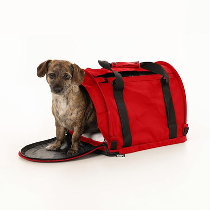 SturdiBag Pro 2.0 Pet Travel Carrier with Flexible Height for Cats and Dogs | Soft Sided Pet Carrier Bag with Safety Clips and Seatbelt Straps for Airplane or Car Travel | Medium, Red