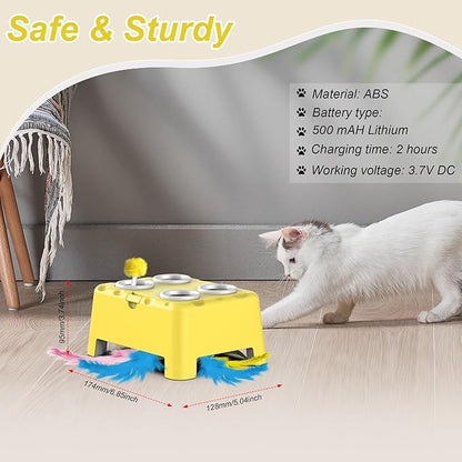 Interactive Cat Toys, 2-in-1 Automatic Cat Toy, 4 Holes Mice Whack A Mole Cat Mouse Toy with Moving Feather, Portable USB Rechargeable Electronic Kitten Toys (Yellow)