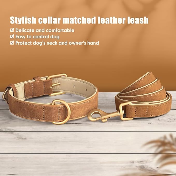 Beirui Soft Padded Leather Dog Collar and Leash Set 4FT Leather