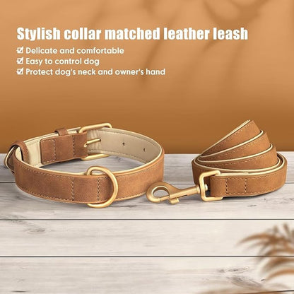 Beirui Soft Padded Leather Dog Collar and Leash Set 4FT Leather