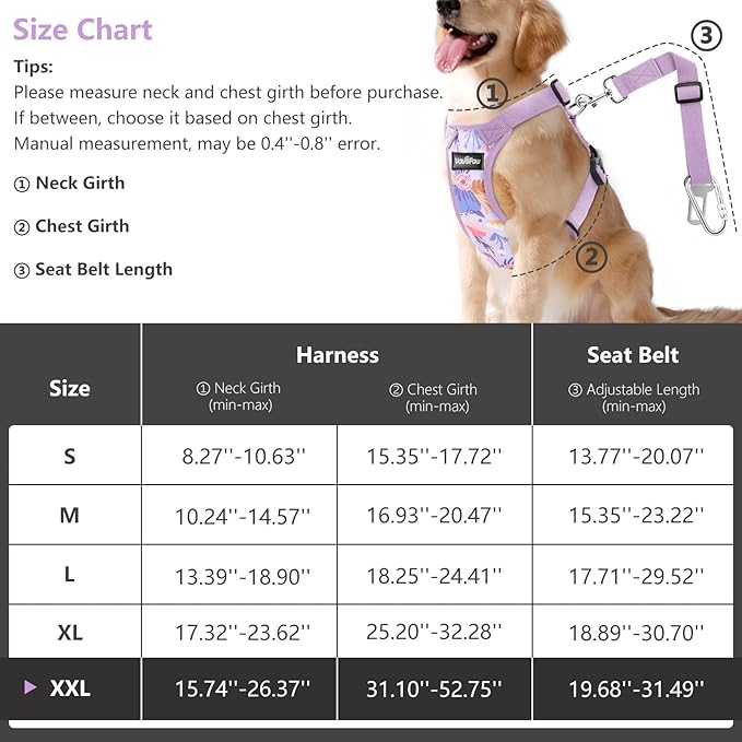 Dog Vehicle Safety Vest Harness, Adjustable Soft Padded Mesh Car Seat Belt Leash Harness with Travel Strap and Carabiner for Most Cars, XXL Size, Purple Flower