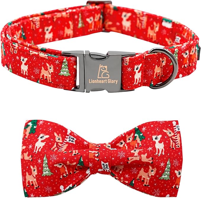 Lionheart glory Christmas Deer Dog Collar, Red Dog Bow Collar Adjustable Soft and Comfortable Bowtie Collars for Small Dogs Girl or Boy Pet Gift Fall Collar Dog Bow