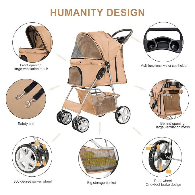 Pet Stroller for Small Dogs and CatsQuick-Folding Portable Travel Cat Dog Stroller with Storage Basket and Cup Holder 4 Wheels,