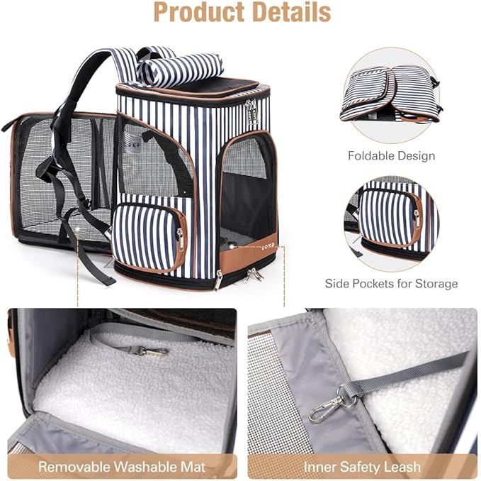 Lekereise Cat Backpack Expandable Pet Backpack Carrier for Small Dogs Cats, Dog Backpack Bag with Breathable Mesh and Inner Safety Leash, Striped