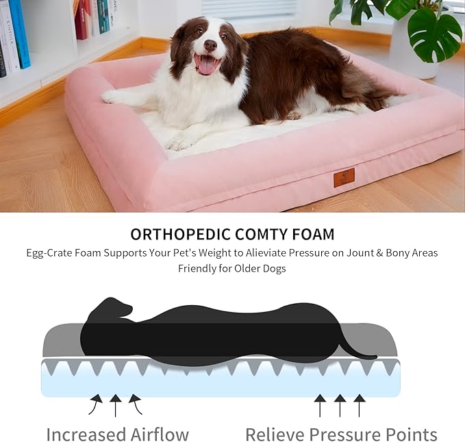 XL Dog Bed, Pink Orthopedic Dog Bed, Washable Dog Bed with [Removable Bolster], Waterproof Dog Bed with Nonskid Bottom, Pet Bed, Dog Beds for Extra Large Dogs