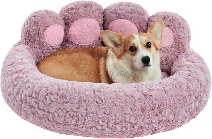 Jiupety Cute Pink Round Calming Dog Bed of Paw Shape