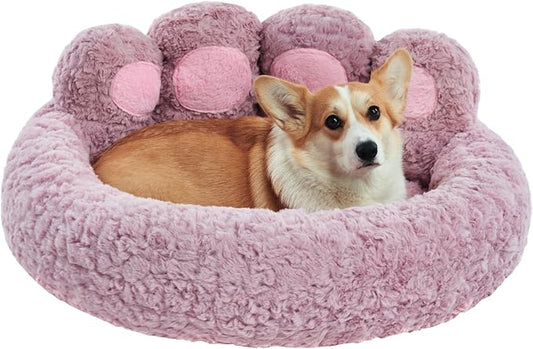 Jiupety Cute Pink Round Calming Dog Bed of Paw Shape