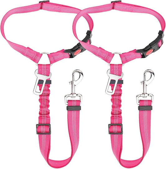 Lukovee Dog Car Seat Belt, 2 Pack Headrest Restraint Seatbelt, Adjustable Pet Safety Leads with Reflective Elastic Bungee for Dog Harness Collar Travel Daily Use (Fluorescent Pink,Headrest + Clip)