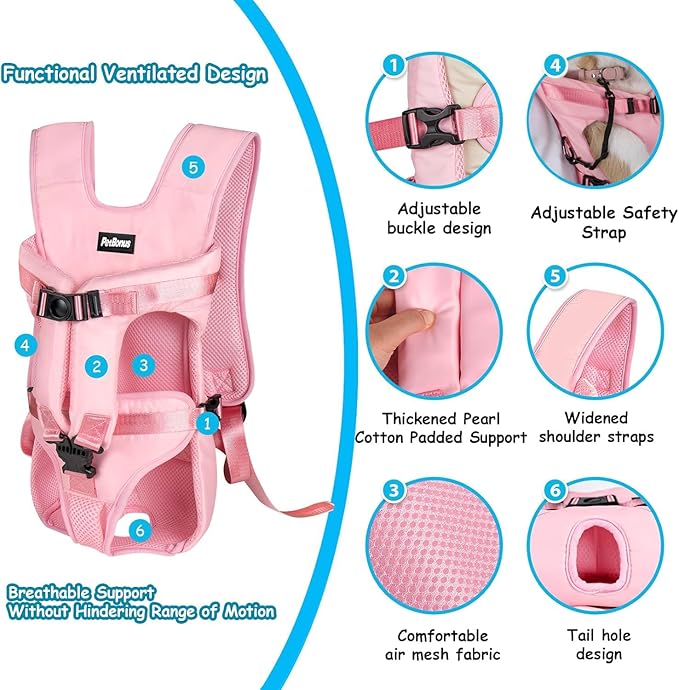 PetBonus Pet Front Dog Carrier Backpacks, Adjustable Dog Backpack Carrier, Legs Out Easy-fit Dog Chest Carrier for Medium Small Dogs, Hands Free Dog Front Carrier for Hiking, Cycling (Pink, L)