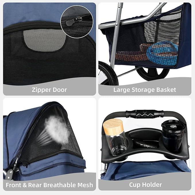 Foldable Dog Stroller for Small Medium Dog Cat 3 Wheels