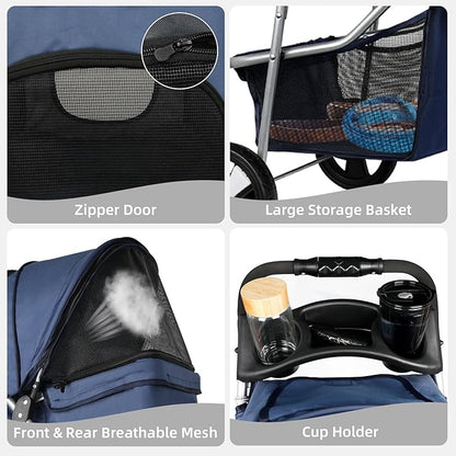 Foldable Dog Stroller for Small Medium Dog Cat 3 Wheels