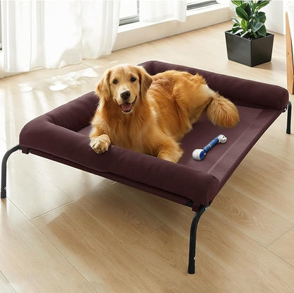 WESTERN HOME WH Elevated Dog Bed Cot, Raised Outdoor Dog Bed with Bolster for Medium Dogs, Slightly Chew Proof Portable Cooling Pet Cot with Breathable Mesh, Skid-Resistant Feet, Brown, 36 inches