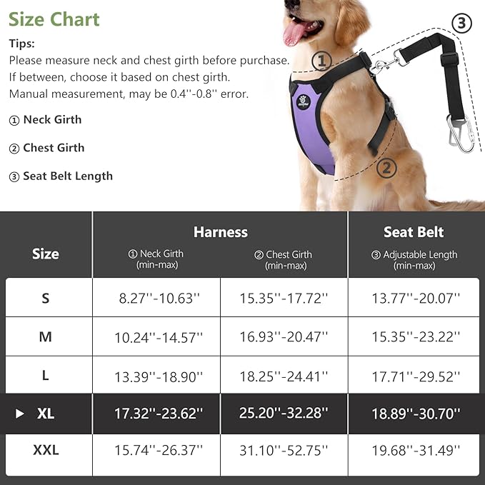 Dog Vehicle Safety Vest Harness, Adjustable Soft Padded Mesh Car Seat Belt Leash Harness with Travel Strap and Carabiner for Most Cars, Size Extra Large, Purple