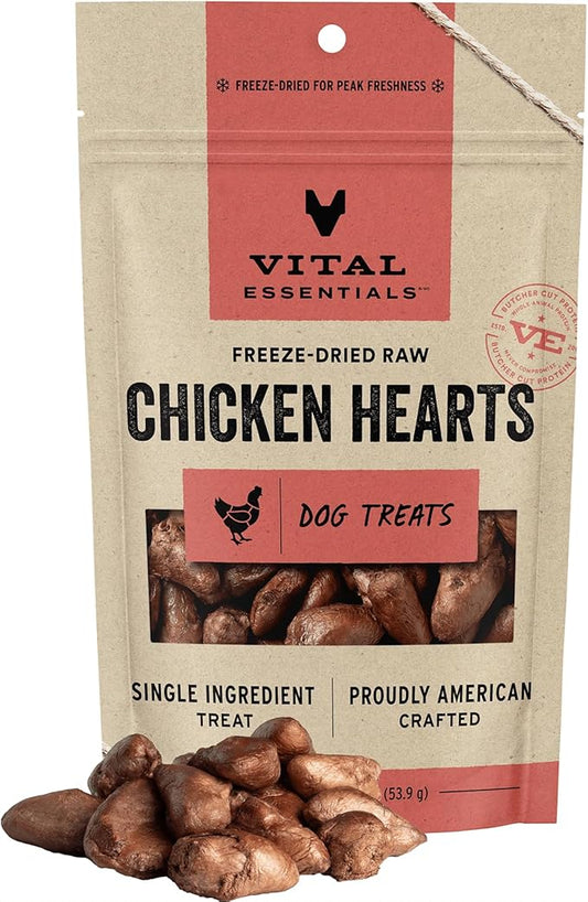 Vital Essentials Freeze Dried Raw Single Ingredient Dog Treats, Chicken Hearts, 1.9 oz | Premium Quality High Protein Training Treats | Grain Free, Gluten Free, Filler Free