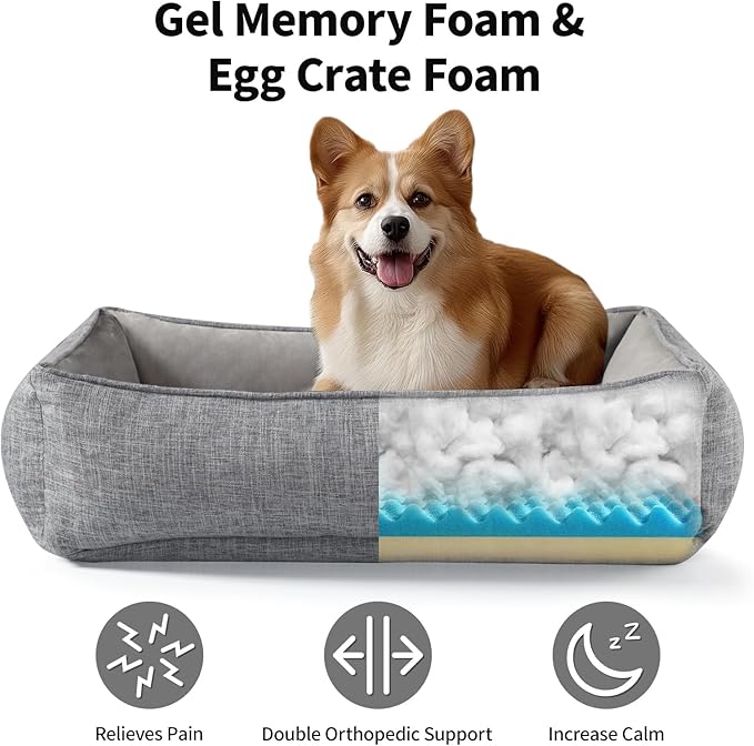 34"x23"x9" Cooling Gel Dog Bed for Extra Large Dogs with Soft Bolster and Removable Cover, Beautyrest Dog Bed Chew Resistant and Pain Relef(Grey, Medium)