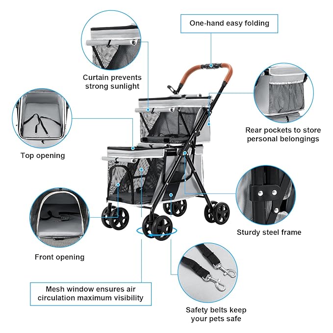 Double Pet Stroller for Dogs and Cats 4 Wheels,
