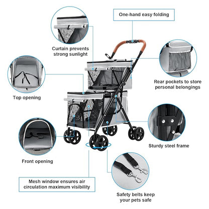 Double Pet Stroller for Dogs and Cats 4 Wheels,