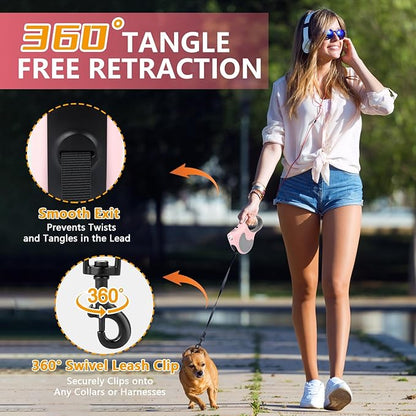 Retractable Dog Leash with Flashlight 16ft Walking Leash for Dogs up to 77lbs 360° Tangle-Free