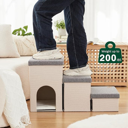 Love's cabin Dog Stairs for Small Medium or Large Dogs with Storage and Condo Couch,3-Step Gray 200 lbs,Beige+Grey